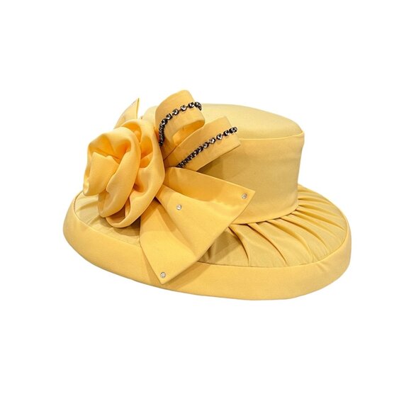 Harmony Womens Yellow Wide Brim Hat With Flower & Rhinestone Accents main image 5